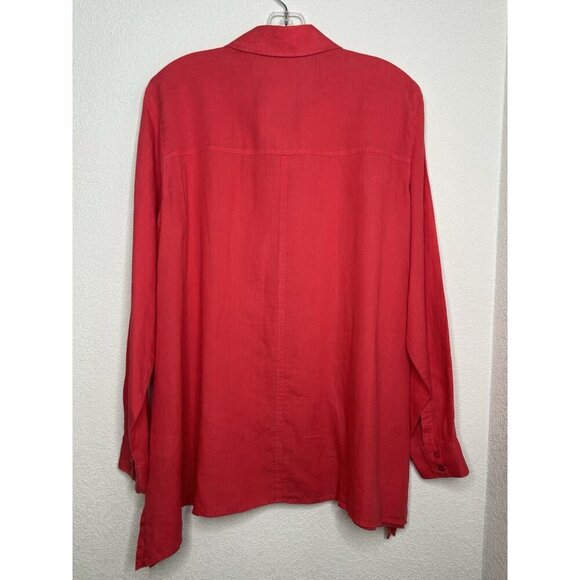Eileen Fisher Linen Top S Coral Button Up Asymmetrical Hem Organic Irish Linen - Picture 2 of 11